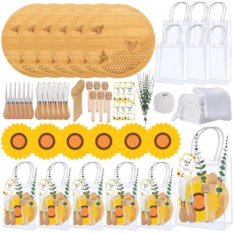 Wooden Honeycomb Bee-Themed Cheese Board Complete Set - Wooden Utensil Set, Knife, Fork, Honey Stick, Gift Bag, Thank You Card - Baby Shower Party Favors, Wedding Supplies, Complete Sets