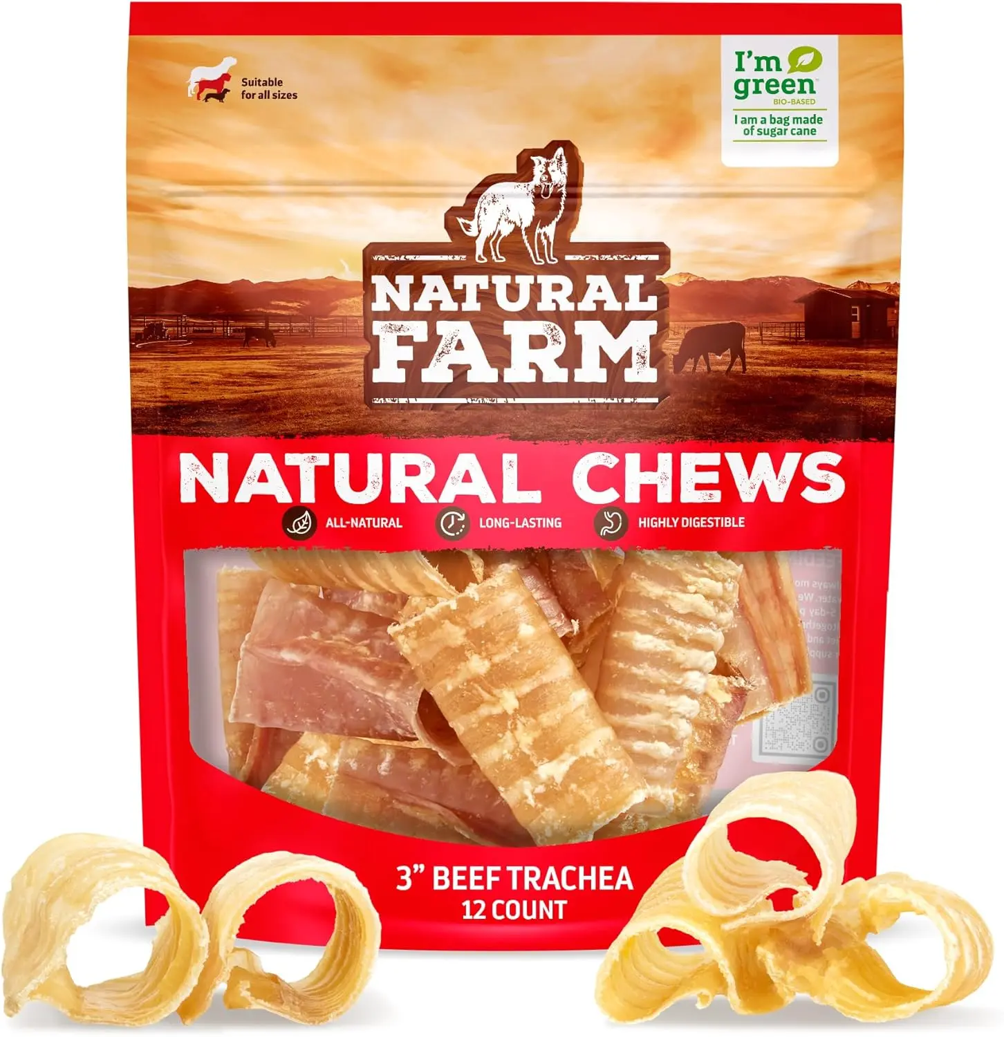Natural Farm Grass-Fed Beef Trachea Chews Multi-Pack - 12 Count, 3 in, Glucosamine & Chondroitin, Hip & Joint Health Support, Digestible Odor-Free Dental Dog Treat Supplement