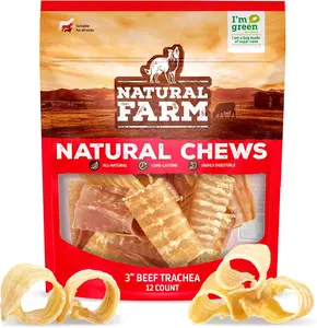 Natural Farm 3 Inch Beef Trachea Chews - 12 Count - Grass-Fed, Glucosamine & Chondroitin - Digestible, Odor-Free Treat for Dogs