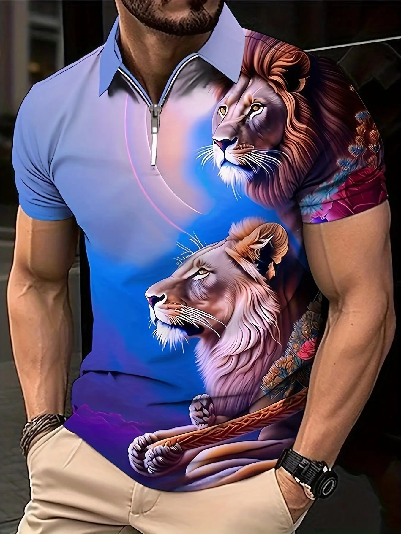 Men's Lion Print Polo Shirt, Printed Polo Top, Polo Style Regular Fit Casual Short Sleeve Collared Top for Summer, Fashion Men's Clothes for Daily Wear, Sublimation Shirt, Polo Gift