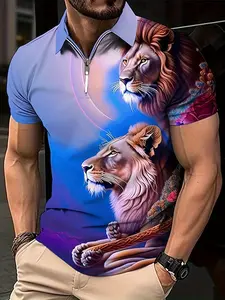 Men's Lion Print Polo Shirt, Regular Fit Casual Short Sleeve Collared Top for Summer, Fashion Men's Clothes for Daily Wear, Sublimation Shirt