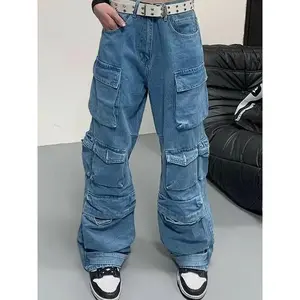 Women Cargo Jeans, Low Waist Zipper Button Closure Loose Casual Trousers Streetwear with Pockets Baggy Wide Leg Jeans Multi-Pocket Design Cargo Pants Fashion Y2K  Washed Blue Jeans(Sheets)