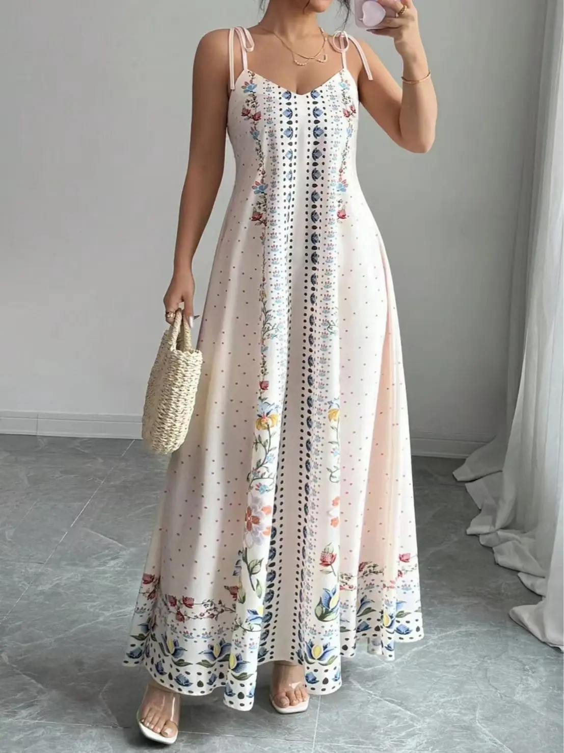 Elegant Floral Print Maxi Dress with Floral Embroidery and Polka Dot Details for Women