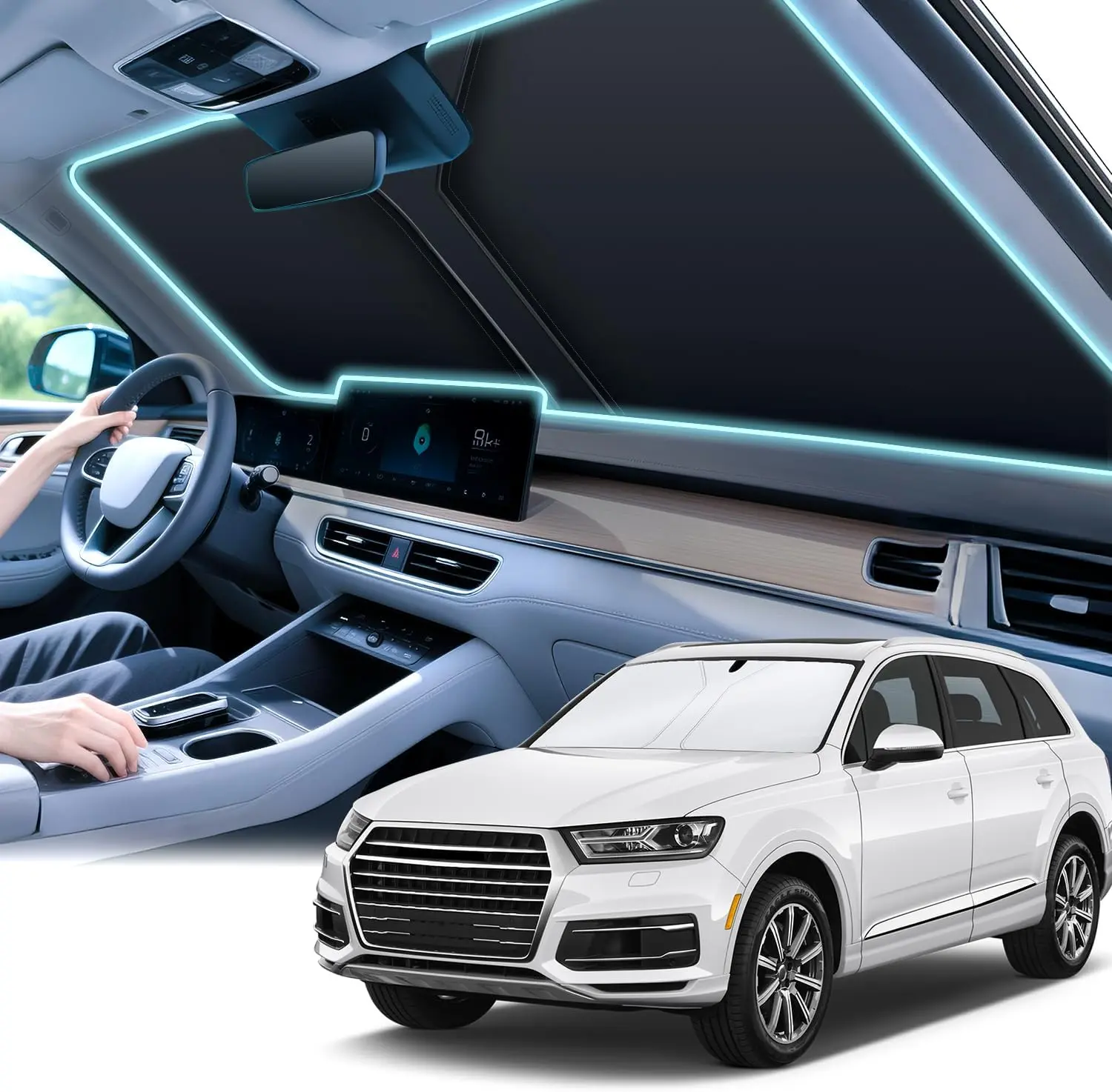 Universal Car Windshield Sun Shade, Foldable Reflective for Windshield & Window Shades with Overlapping Design, Car Interior Accessories (55" L x 26.7" W)