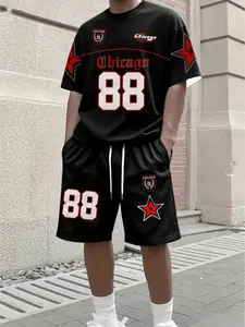 Chicago 88 Star Men's Two-Piece Set, Accented Chicago Pattern Tee + Shorts, Lightweight Polyester Knit Fabric, Casual Daily Wear
