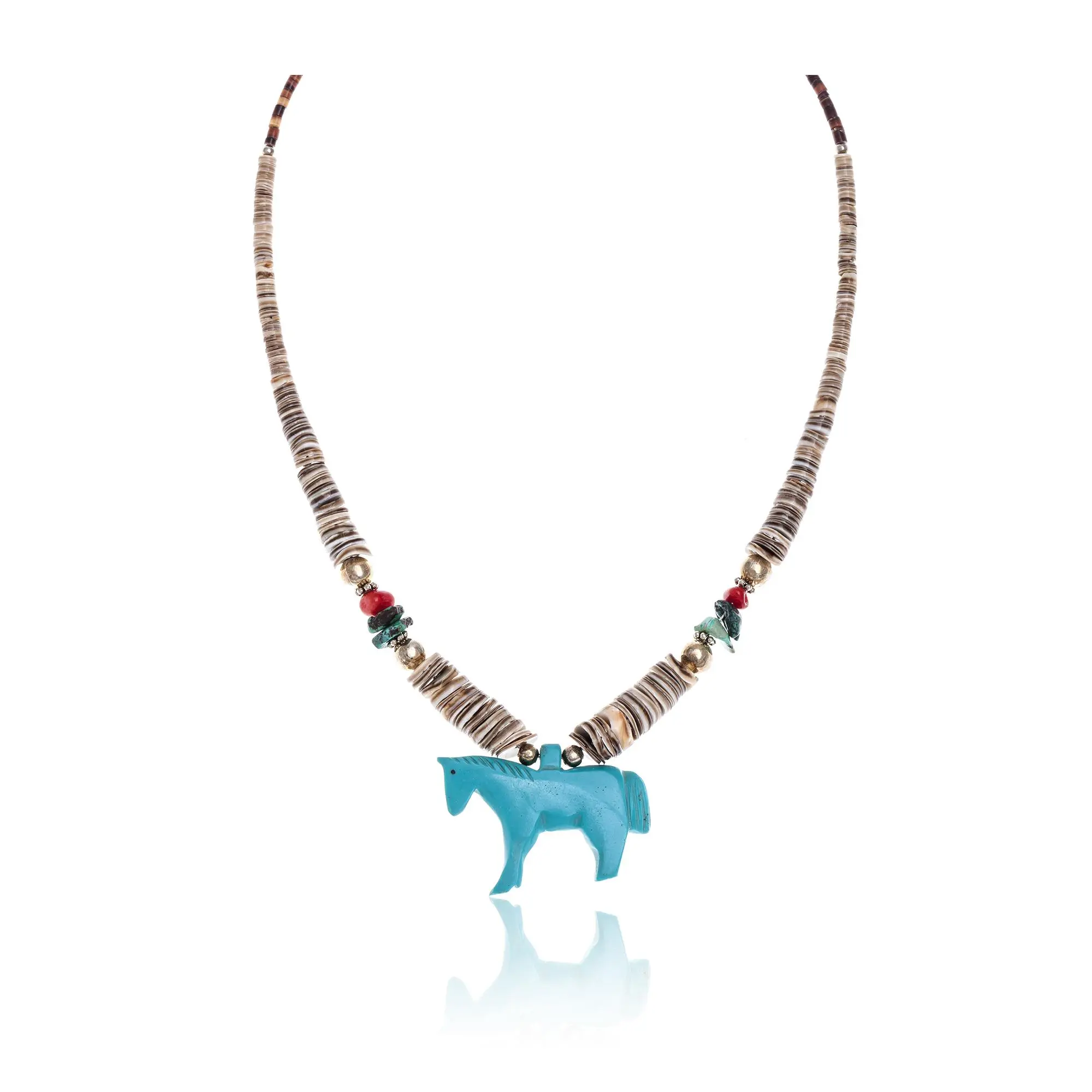 Horse .925 Sterling Silver Certified Authentic Carved Fetish Navajo Native American Natural Turquoise Graduated Melon Shell Coral Necklace 17058