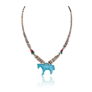 Horse .925 Sterling Silver Certified Authentic Carved Fetish Navajo Native American Natural Turquoise Graduated Melon Shell Coral Necklace 17058