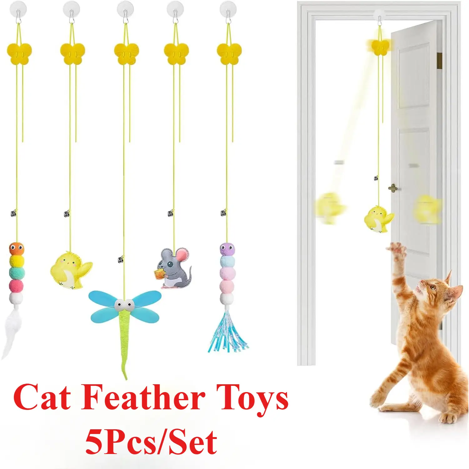 5 Pcs Interactive Cat Feather Toys Set,Cat Teaser Retractable, Hanging Cat Toys Indoor Kitten Play Chase Exercise, Mental Physical Stimulation for All