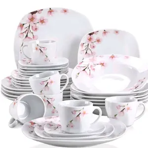 VEWEET 30Pc Porcelain Dinnerware Set Pink Floral Service for 6 Plates Bowls Cups