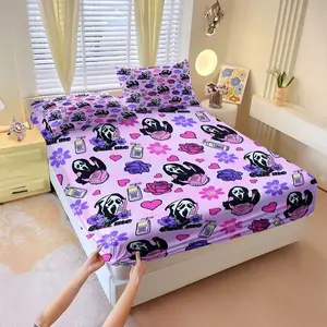 3Pcs Cute Ghostface Fitted Sheet Set, Soft Pastel Purple Background, Vintage Phone Motifs & Retro Floral Accents, Perfect for Horror Fans & Cozy Bedroom Decor, Unique & Playful Bedding! Includes 2 Pillowcases, No Pillow Core, Bed Sheet Sets