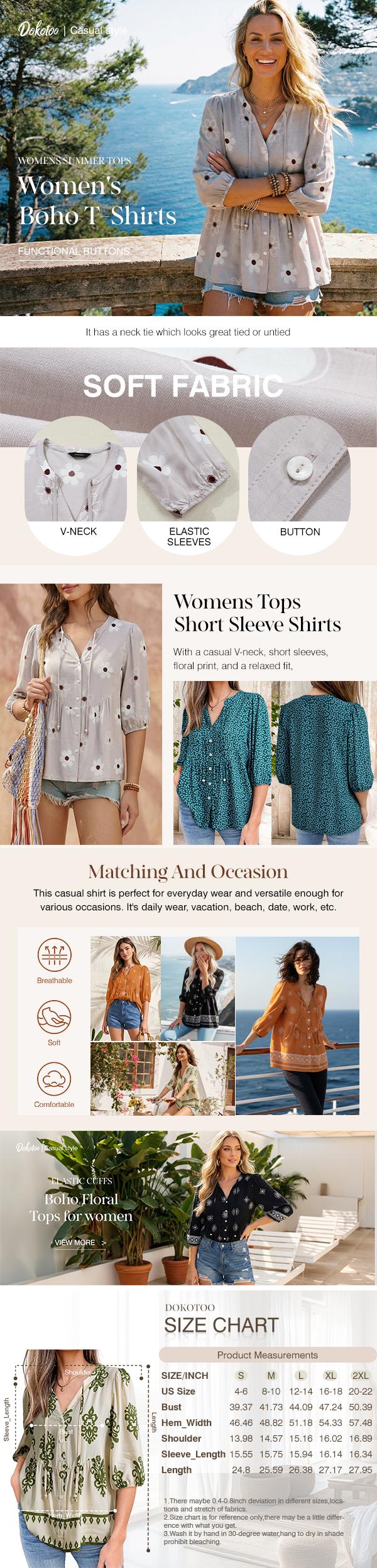 Dokotoo Womens Summer Tops Boho Floral Short Sleeve Button Down V Neck Peplum Babydoll Casual Loose Blouses Shirts