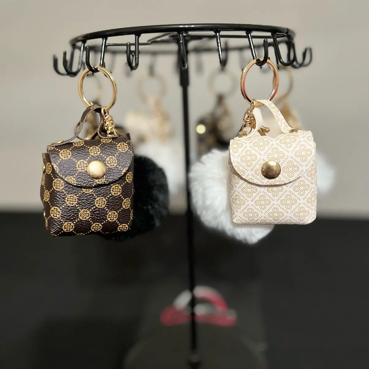 PU leather Pom-Pom geographic keychain, Chain and AirPod  holder, Pom-Pom keychain decor with gold clip