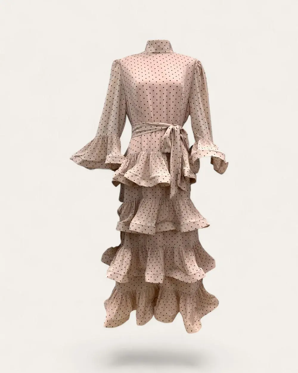 Women's Cute Polka Dot Midi Dress in Chiffon - Casual Fit & Flare Style with a High Neck, Long Flared Sleeves and Ruffled Tiers, Lady, Casual Fashion Dress, Polka Dot Style