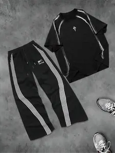 Men's slim-fit trousers and top set, casual short-sleeved Graphic T-shirt paired with trousers, men's summer everyday wear, men's two-piece set.