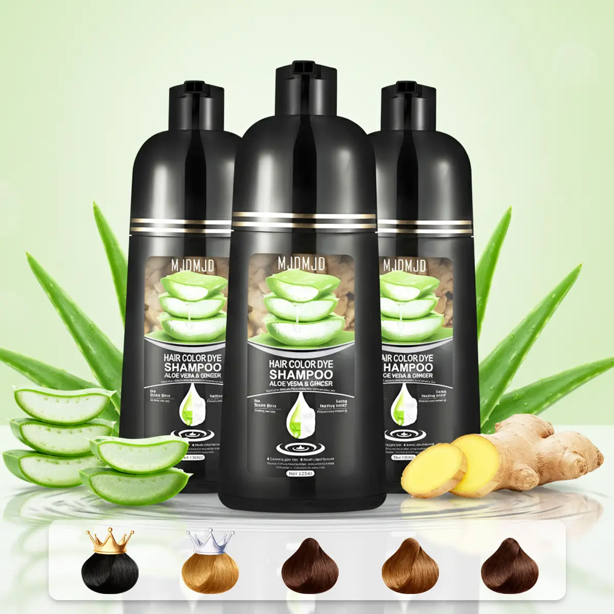 MJDMJD Aloe Vera & Ginger Hair Dye Shampoo 3 in 1 For Women & Men, Herbal Ingredients Hair Color Shampoo Nourishing All Hair Types, Instant Haircoloring & Cover Gray Hair & Root Touch Up & Plant Haircare, Long-Lasting Color, 420ml