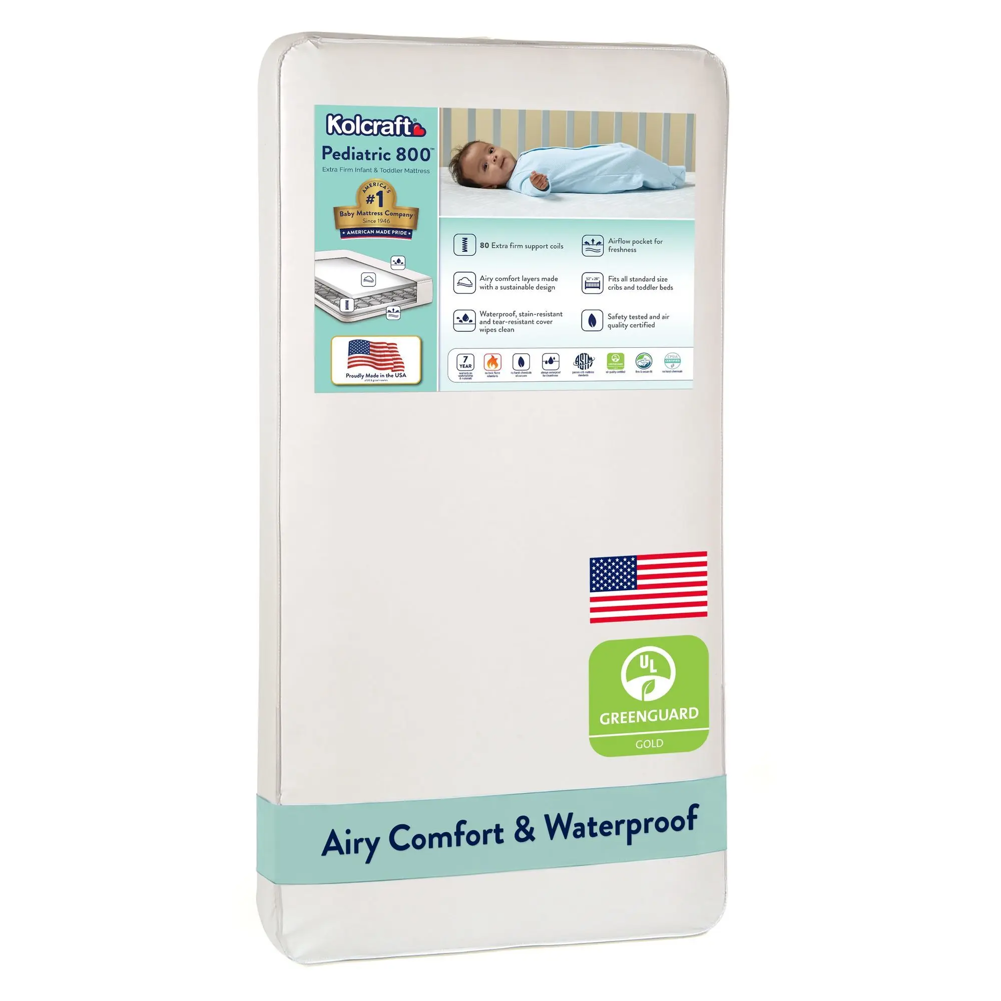 Kolcraft Pediatric 800 Extra Firm Ultra Deluxe Crib Mattress and Toddler Mattress, 80 Coil White