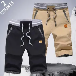 Menswear 2-Count Men's Casual Drawstring Chino Shorts, Elastic Waistband with Striped Trim, Lightweight Breathable Cotton Blend, Light Blue/Khaki Multi-Color Pack, Plus Size S-XXL for Summer, Daily Wear