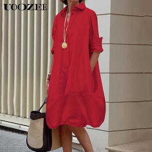 UOOZEE Women's Casual Cotton Fabric Dress - Long Sleeve, Loose Solid Lapel Midi Shirt Dress with Pockets, Camisole-Ready, Lightweight, Simple Comfortable Casual Wear 1-Piece for 2 Key Occasions