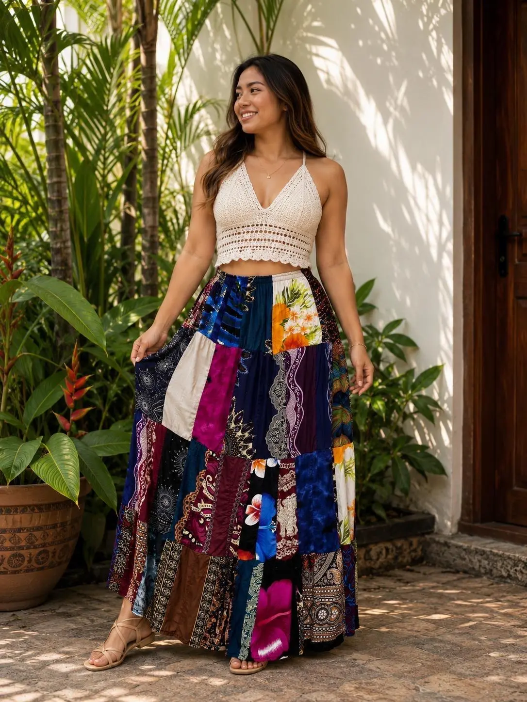 Women's Rayon Patchwork Skirt, Long Tiered Boho Maxi Skirt, Festival Clothing Women, Hippie Tiered Skirt, Summer Maxi, Mixed Print Skirt