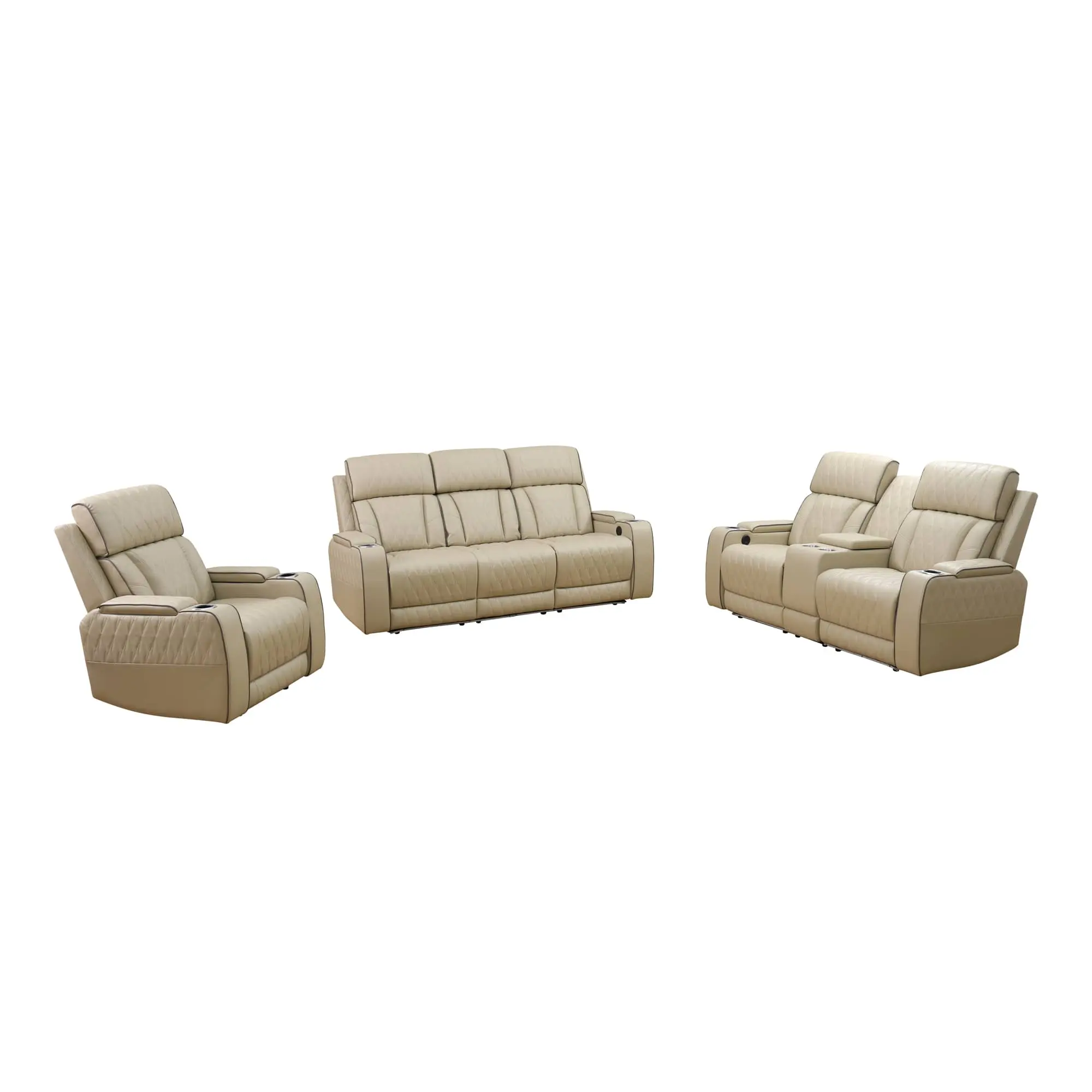 Beige Breathable Leather Dual Motor Power Recliner Sofa Set - 3+2+1 Seater Home Theater Reclining Furniture with Adjustable Headrests, Ambient LED Lighting, Cup Holders, USB & Type-C Charging Ports，GN4638