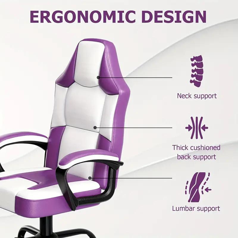 Ergonomic Computer Gaming Chair, Home Office Desk with PU Leather Lumbar Support, Height Adjustable Big and Tall Video Game, Swivel Wheels for Adults, White and Purple