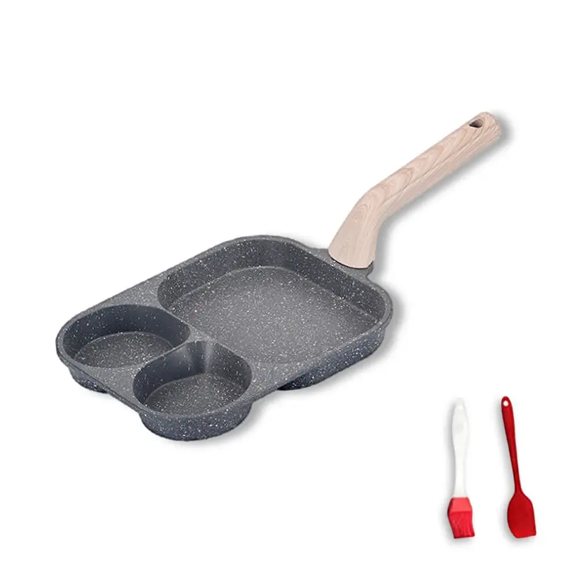 3- In-1 Nonstick Frying Pan with 3-Hole Design for Eggs Omelettes Pancakes Steak Eco-Friendly Granite Coating Gas Induction Safe Includes Oil Brush Scraper Easy Clean Multifunctional Breakfast Pan Cookware