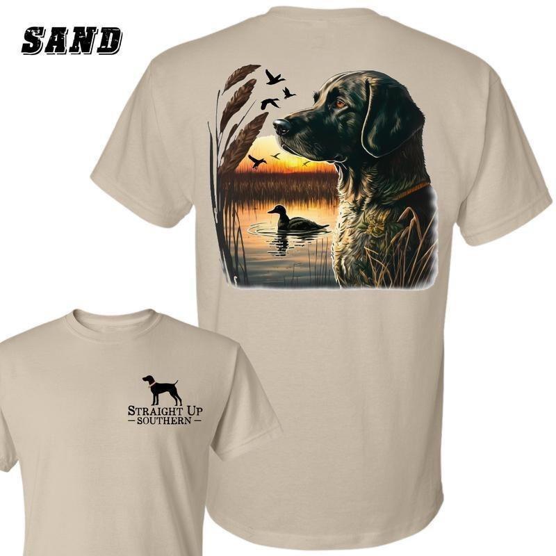 Duck Hunting Dog Tshirt, Labrador Retriever at Sunset Marsh with Ducks Flying and Swimming Graphic, Outdoor Waterfowl Sportsman Style Soft Cotton Tee for Men, Gift for Nature Enthusiasts and Hunters.