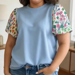 Plus Size Light Blue Textured Fabric Bodice Contrast Floral Sleeve Top for Women, Casual, Plus Size Tops
