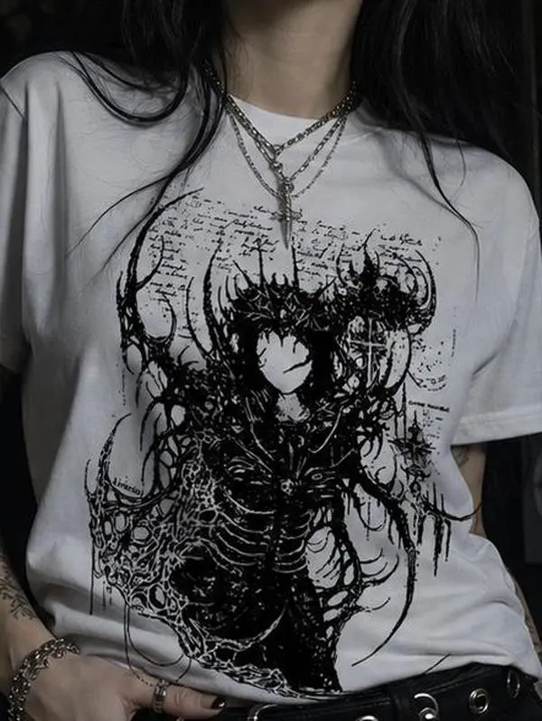 Women's Gothic Print Oversized Cotton T-Shirt - Dark Skeleton Art, Thorn Fantasy Character Illustration, Breathable Loose-Fit, Medium Length, Machine Washable Alternative Grunge Streetwear Unisex Short Sleeve Top