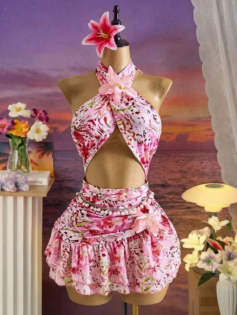 [Royalty Brand Clothing] Women's Blush Pink Summer Boho Beach Holiday Holiday Elegant Sleeveless Printed Halter Mini Dress,Floral Y2k Vacation Resort Wear Outfits