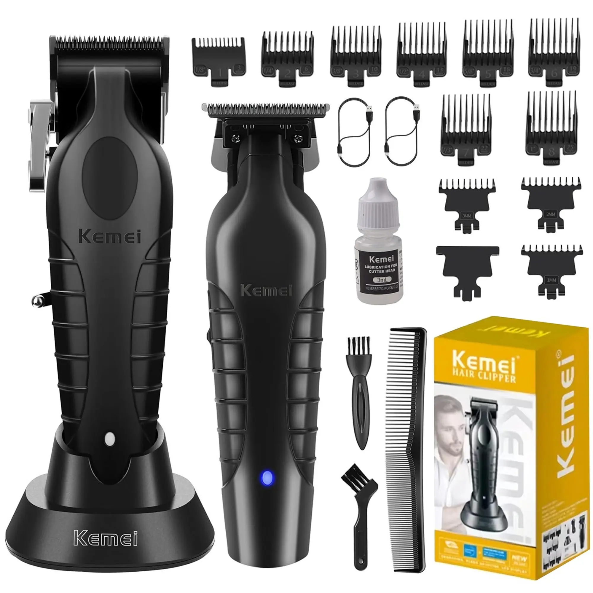 KEMEI 2 IN 1 Clipers Set KEMEI 2296 & KEMEI 2299 Black Hair Clippers for Men with LED Display Cordless Professional 0-Gapped Hair Trimmer & Barber Cutting Kit for Men, Ideal Gift for Men Beard and Hair Grooming