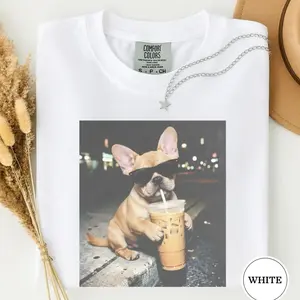 Comfort Colors Funny French Bulldog Drinking Iced Coffee Shirt, Animal Meme Tee, Dog Lover Gift, Funny Frenchie Shirt, Dog Mom Gift V5