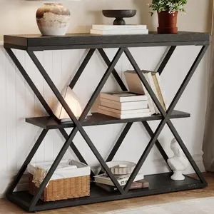 3-Tier Industrial Entryway Console Table - Warm Rustic Vintage Wood, Double X Metal Frame with 2 Shelves