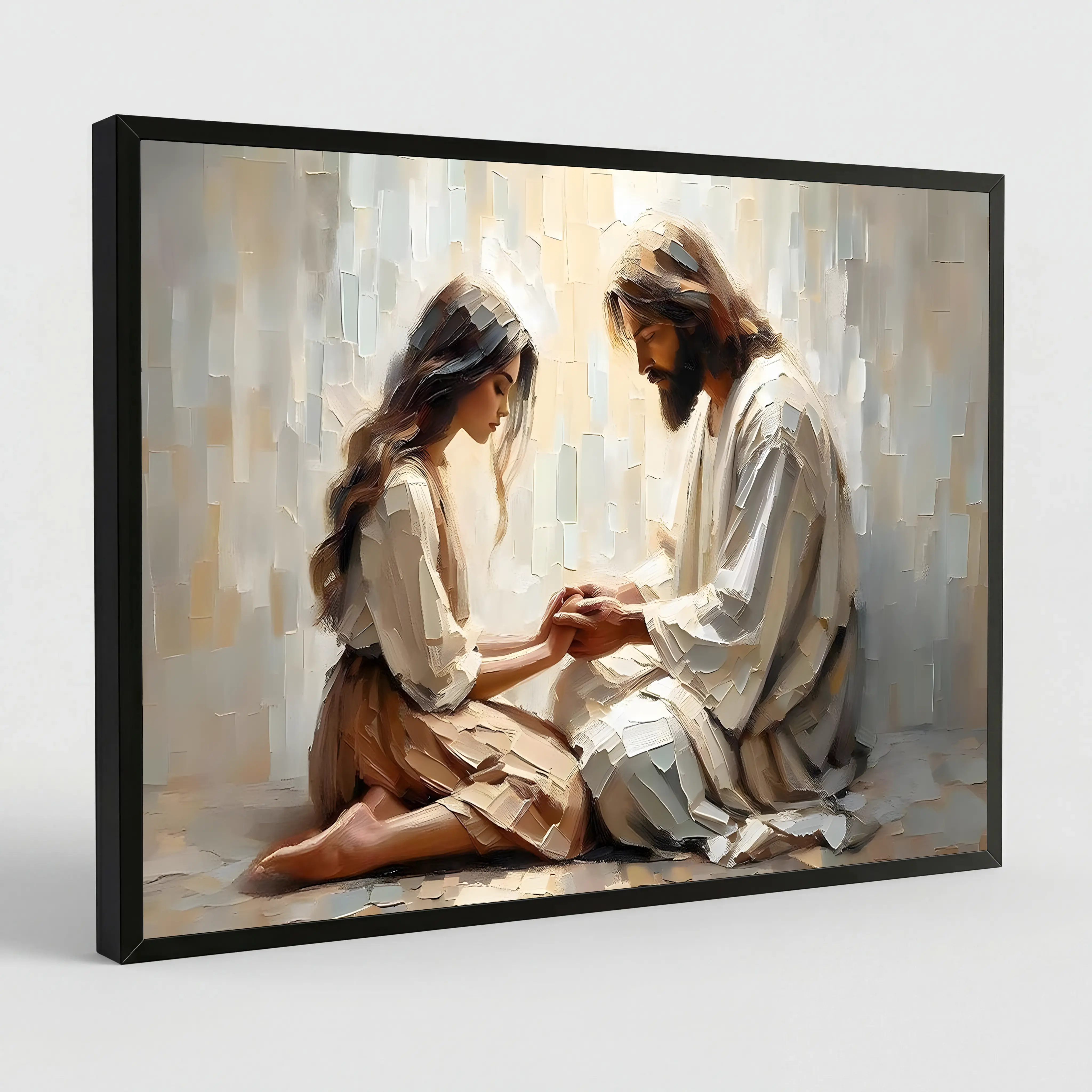 Comfort in Him Modern Christian Art Jesus and Woman Holding Hands LDS Bible Wall Art Canvas Print for Home Decor 12x18 Inches - Decoration