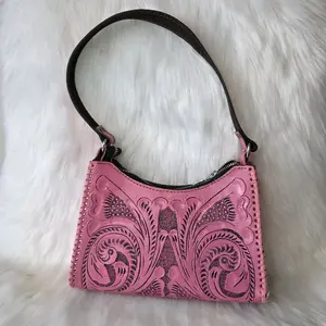 Laura Pink Embossed Leather Handbag with Black Strap and Zip Closure