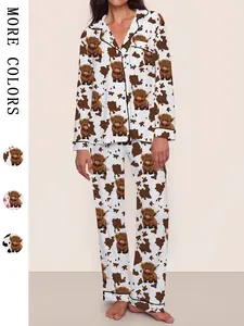 [Highland Cattle] Women's Cartoon Print Pajama Set, Long Sleeve Top & Elastic Waistband Pants, Comfortable Loungewear for Fall Winter Wear