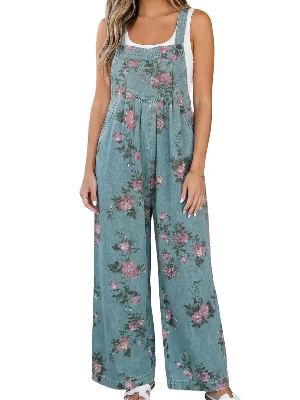 PHEFEE Women's Floral Wide Leg Overalls Casual Baggy Sleeveless Jumpsuits High Waisted Pleated Rompers with Pockets Beau Blue, Aesthetics, Cotton, Day, Chic, Retro, Everyday, Fashion