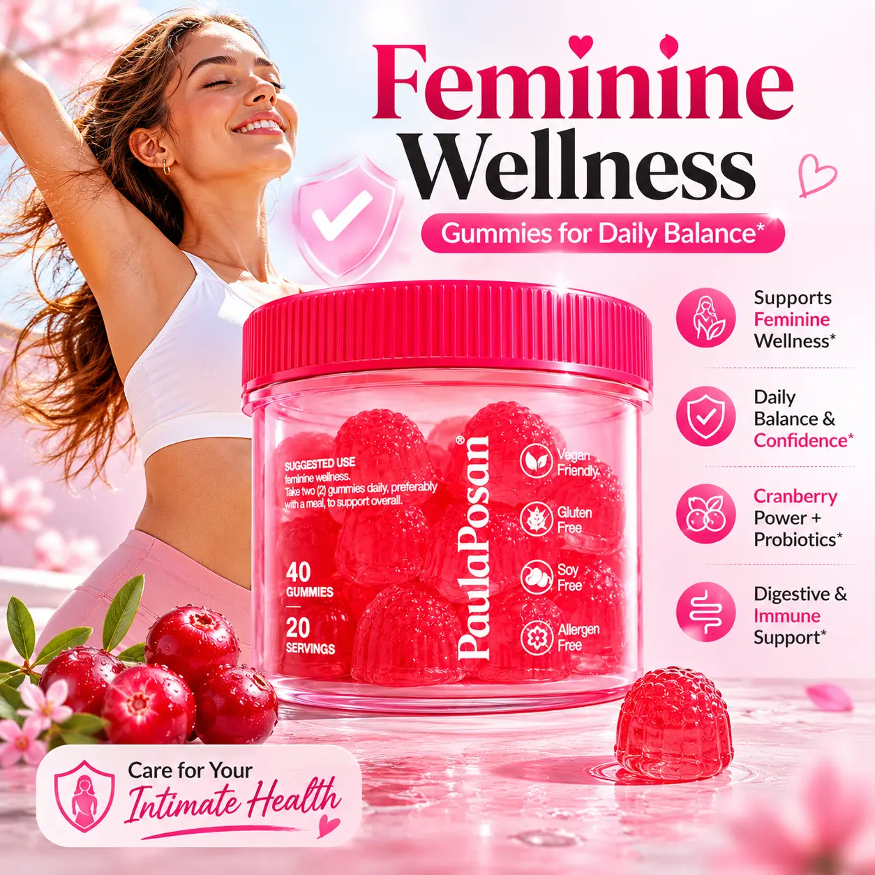 PaulaPosan Women's Probiotic Chewable Soft Gummies - Cranberry Prebiotics Supplement, Clean Ingredients, Gut Support, 24-Month Shelf Life, 40 Pieces, Vegan, Hypoallergenic, No Gluten/Soy, Natural Flavor, Feminine Balance & Digestive Health Aid