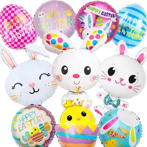 Easter Bunny Hatching Chick Rabbit Round Ball Candy Letter Aluminum Foil Balloons Set, Atmosphere Decoration for Holiday Family Gathering Room Outdoor Setup
