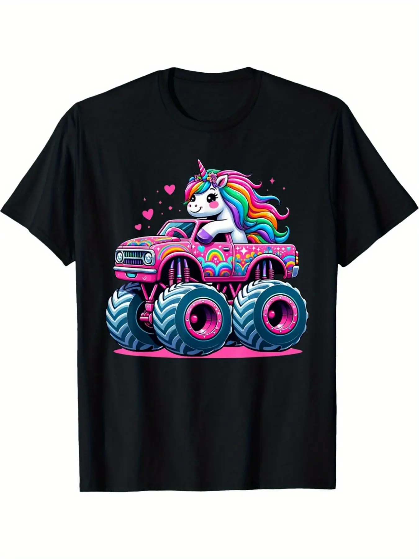 Funny Cute Unicorn Riding A Pink Monster Truck T-S unisex soft cotton short sleeve t shirt, vintage graphic casual tee for men women teens, perfect birthday holiday gift for camping travel gym daily street casual wear