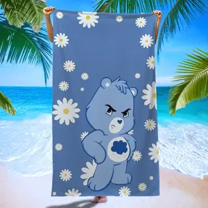 Grumpy Bear Daisy Interactive Beach Towel, Light Blue Cartoon Design, Quick-Dry Microfiber Bath Towel, Perfect for Pool Parties & Yoga