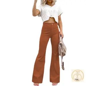 Women's Corduroy Flared Pants High Waist Casual Trouser Stretch Comfort Retro Style Versatile Daily Wear 1-Pair Basic Fitted Minimalist Womenswear Bottom