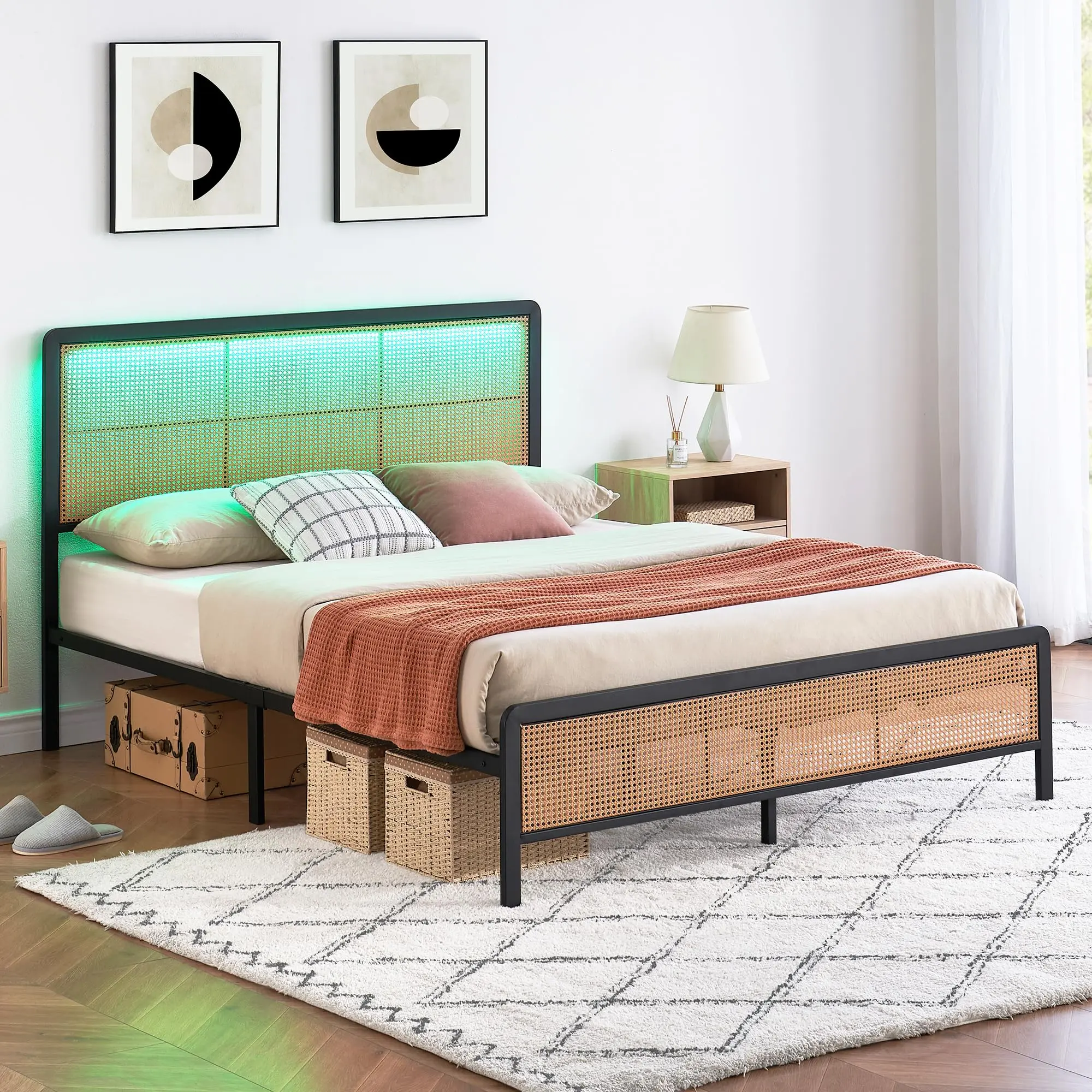 【GARVEE】Full Size Rattan Bed Frame with LED Light Headboard, Modern Cane Boho Style, Heavy Duty Steel Slat Support, No Box Spring Needed, Black