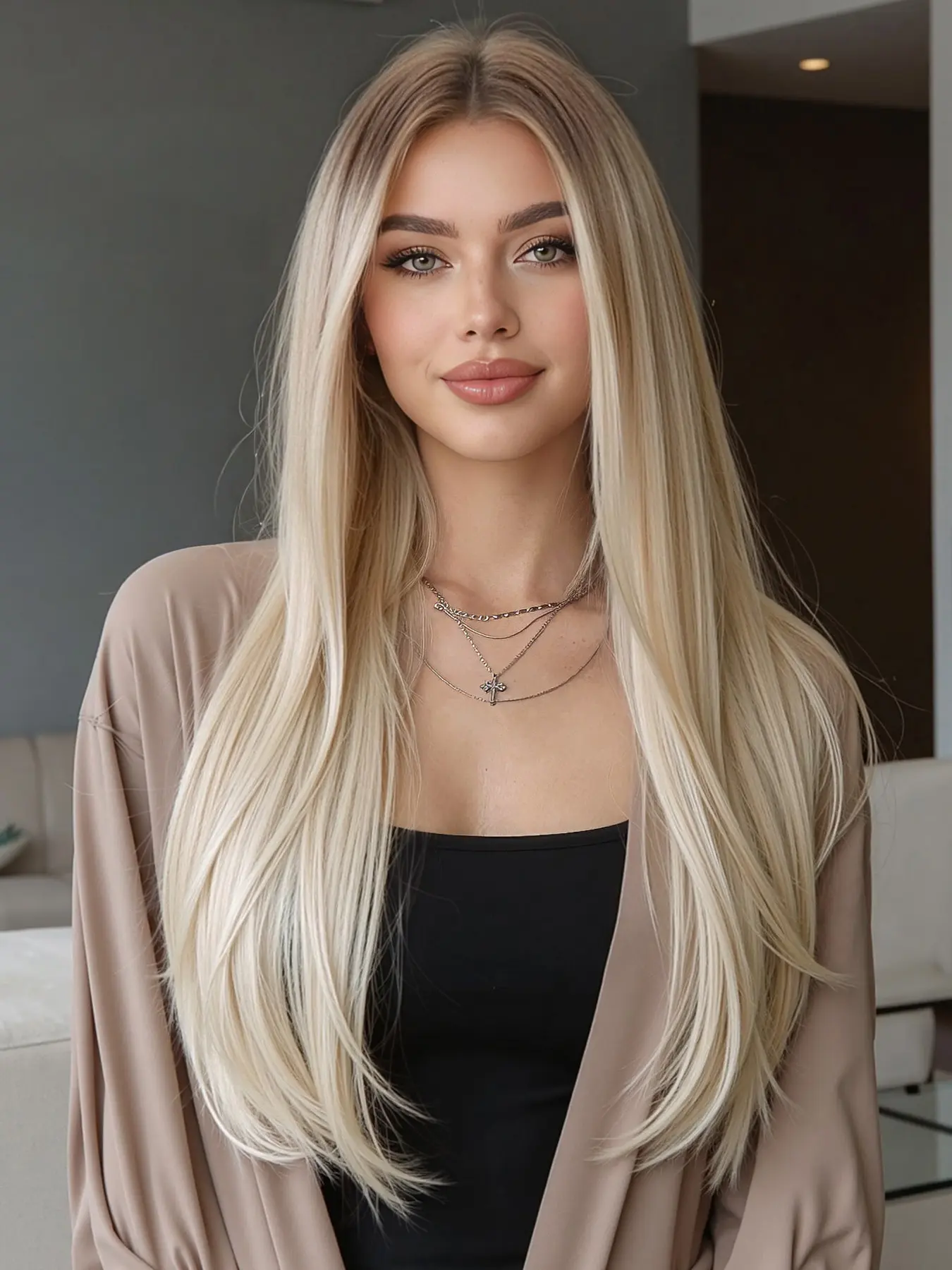 Topshe 22-Inch Hand-Tied Mono Gold Long Straight Wig, Synthetic Soft Hair, Natural Parting, Suitable for All Seasons, Perfect for Various Holidays