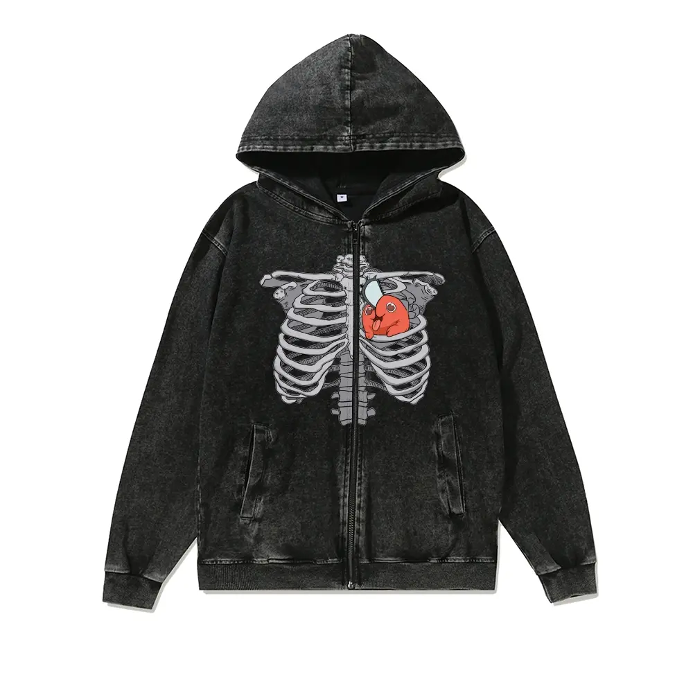 Chainsaw Heart Acid wash Zipper Hooded CSM Pochita Heart Unisex vintage Cotton Sweatshirt