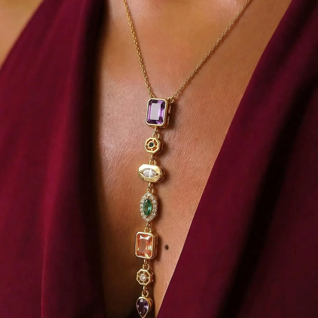 1Pc Women’s Vintage Multi-Color Gem Y-Drop Necklace, Gold Tone Lariat Pendant with Mixed Cut Purple Green Orange Crystals, Statement Bohemian Jewelry for Everyday Wear, Parties & Holiday Celebrations daily party gift