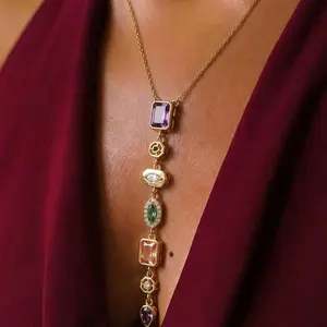 1Pc Women’s Vintage Multi-Color Gem Y-Drop Necklace, Gold Tone Lariat Pendant with Mixed Cut Purple Green Orange Crystals, Statement Bohemian Jewelry for Everyday Wear, Parties & Holiday Celebrations daily party gift