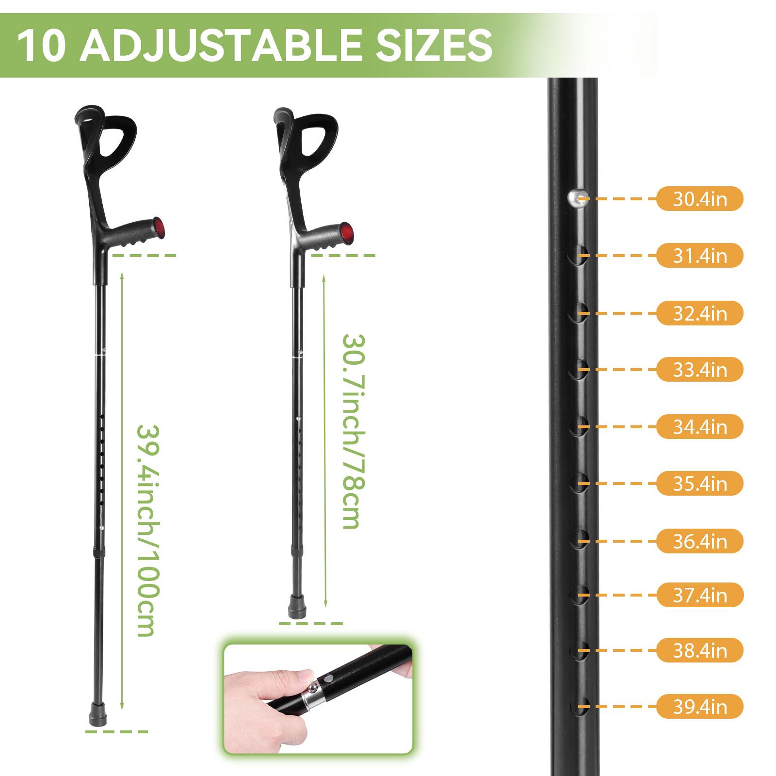 Adult Portable Forearm Crutches - Lightweight, 10-Height Adjustable, Non-Slip Foot Pads, LED Lights, Ideal for Injury Recovery, Post-Surgery Use