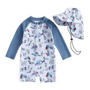 Toddler Boys Rash Guard Swimsuit Mallard Duck Zipper  Swimsuit Hunting Swimwear Bathing Suit with Sun Hat
