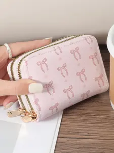 Women's Bow Pattern Zipper Around Coin Purse, Simple Credit Card Carrying Holder with Multi Card Slots, Versatile Wallet, Credit Card Organizer